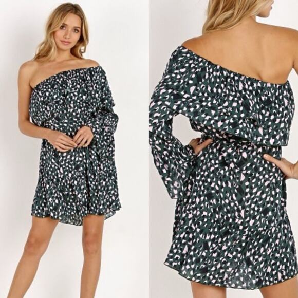 NWT* Suboo Foolish Leopard Print One Shoulder Mini Dress Green Sz 8 Flirty Girly - Picture 1 of 16